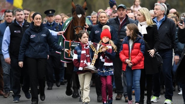 2019 Grand National winner Tiger Roll is led through Summerhill, County Meath