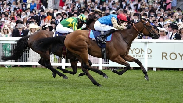 French raider Lazzat (near side) repels the challenge of the Japanese-trained Satono Reve